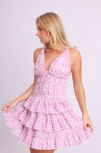 Amy Jane London Pink Ditsy Floral Bow Print Corset Lace Up Bodice Ruffle Tiered Mini Fairytale Iris Dress - House Of Huntington