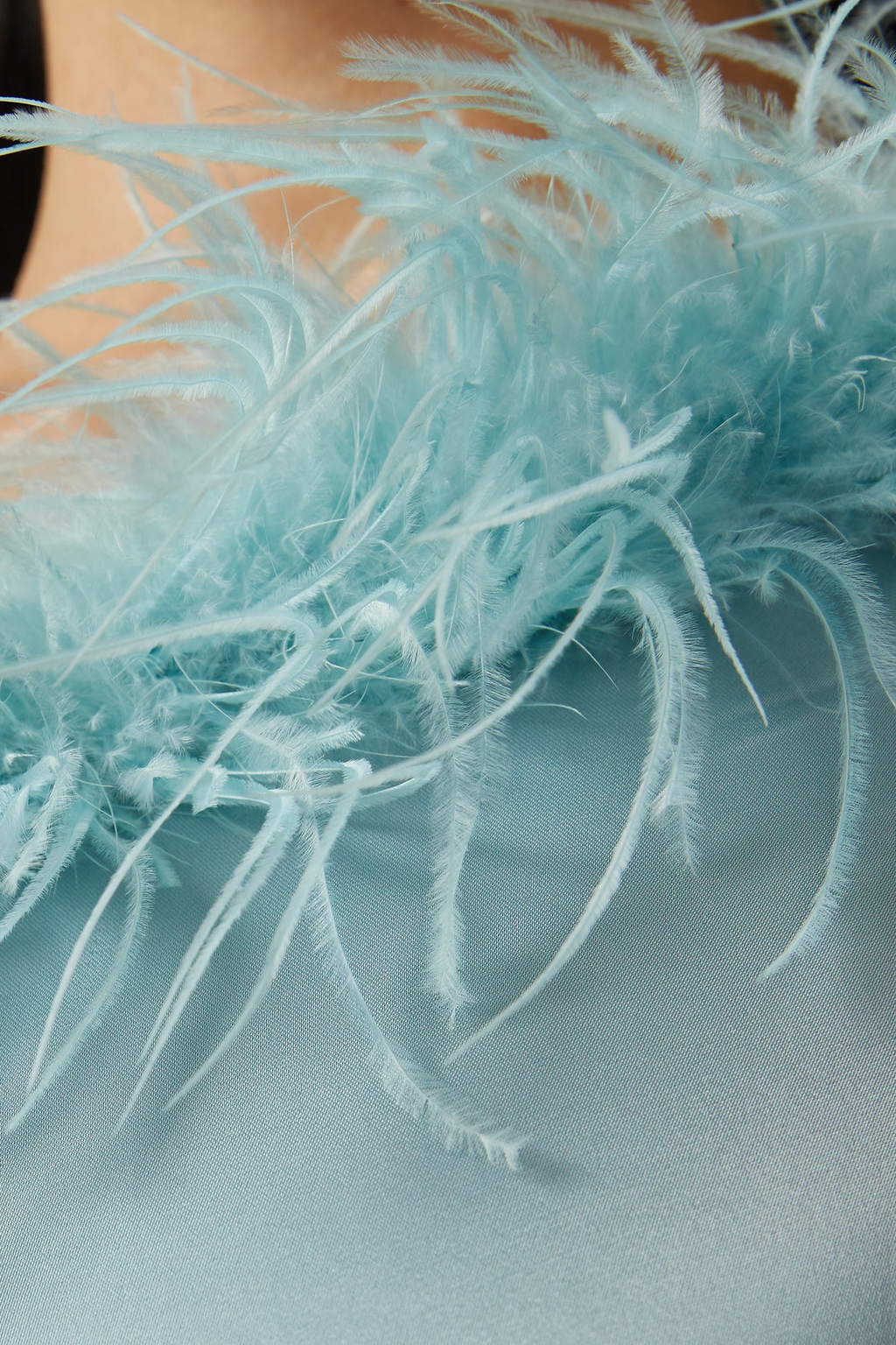 De La Vali Blue Satin Finca Feather Trim One Shoulder Gown Dress