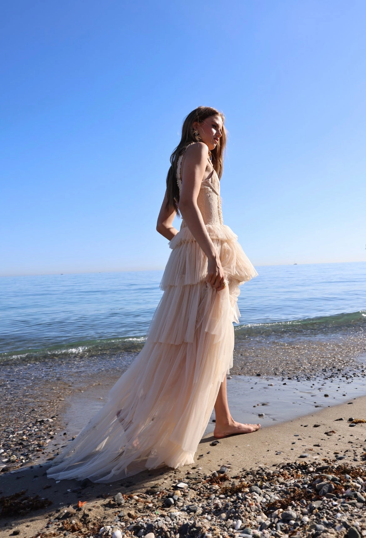 Amy Jane London Champagne Regency Era Corset Bodice Tulle Florence Gown - House Of Huntington