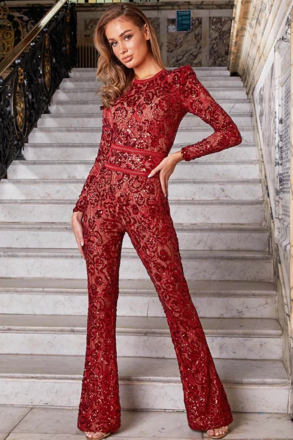 NADINE MERABI Red Bella Fully Sequinned Nude Lace Jumpsuit - House Of Huntington