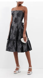The Vampire's Wife Endurance Black Floral Jacquard Satin Strapless Dress - House Of Huntington