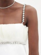 CHRISTOPHER KANE Bridal White Feather Detail Crystal Chain Fringe Hem Mini Dress - House Of Huntington