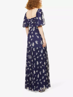 Self-Portrait Pansy Floral Blue Sweetheart Neck Pleated Chiffon Maxi Dress