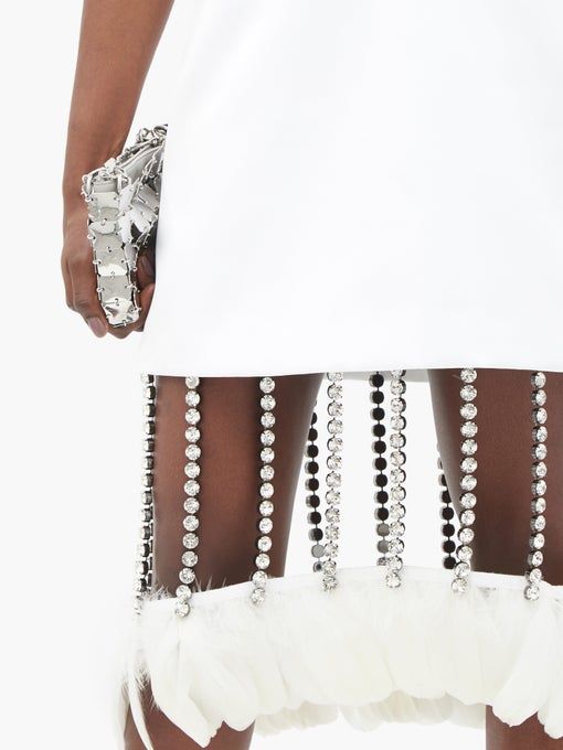 CHRISTOPHER KANE Bridal White Feather Detail Crystal Chain Fringe Hem Mini Dress - House Of Huntington