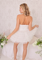 Amy Jane London White Oversized Satin Bow Waist Sweetheart Neck Poofy Ruffle Mini Dress - House Of Huntington
