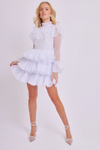 Amy Jane London White Long Sleeve Ruffle Tiered Detail Flared Evalina Mini Dress - House Of Huntington