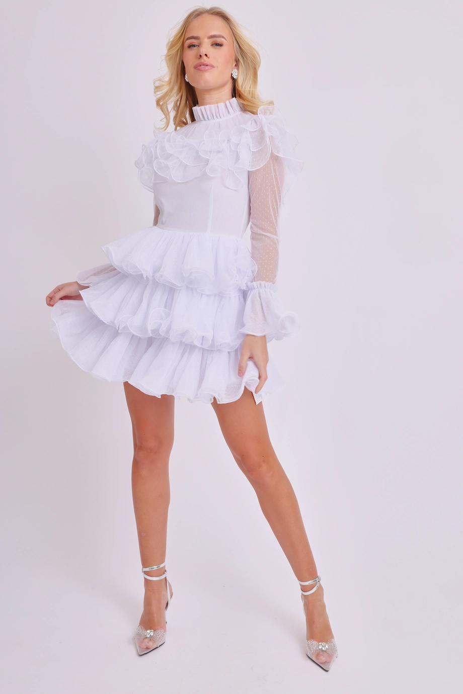 Amy Jane London White Long Sleeve Ruffle Tiered Detail Flared Evalina Mini Dress - House Of Huntington