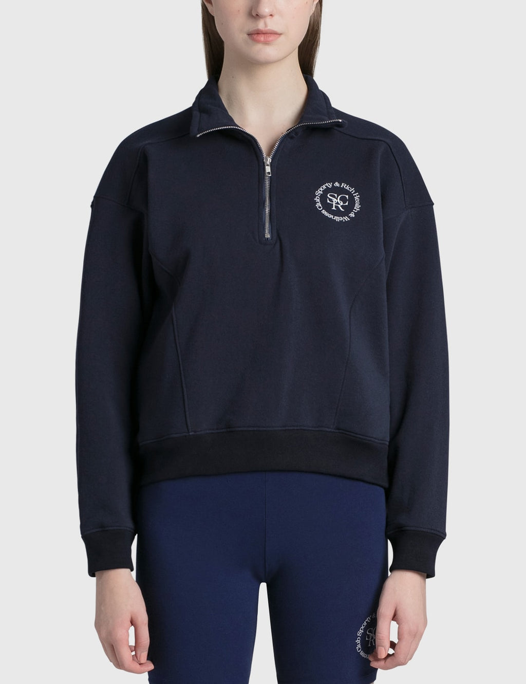 Sporty & Rich Navy Logo Front Quarter Zip Sweatshirt