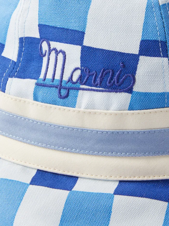 Marni Blue Logo-Embroidered Checked-Canvas Bucket Hat