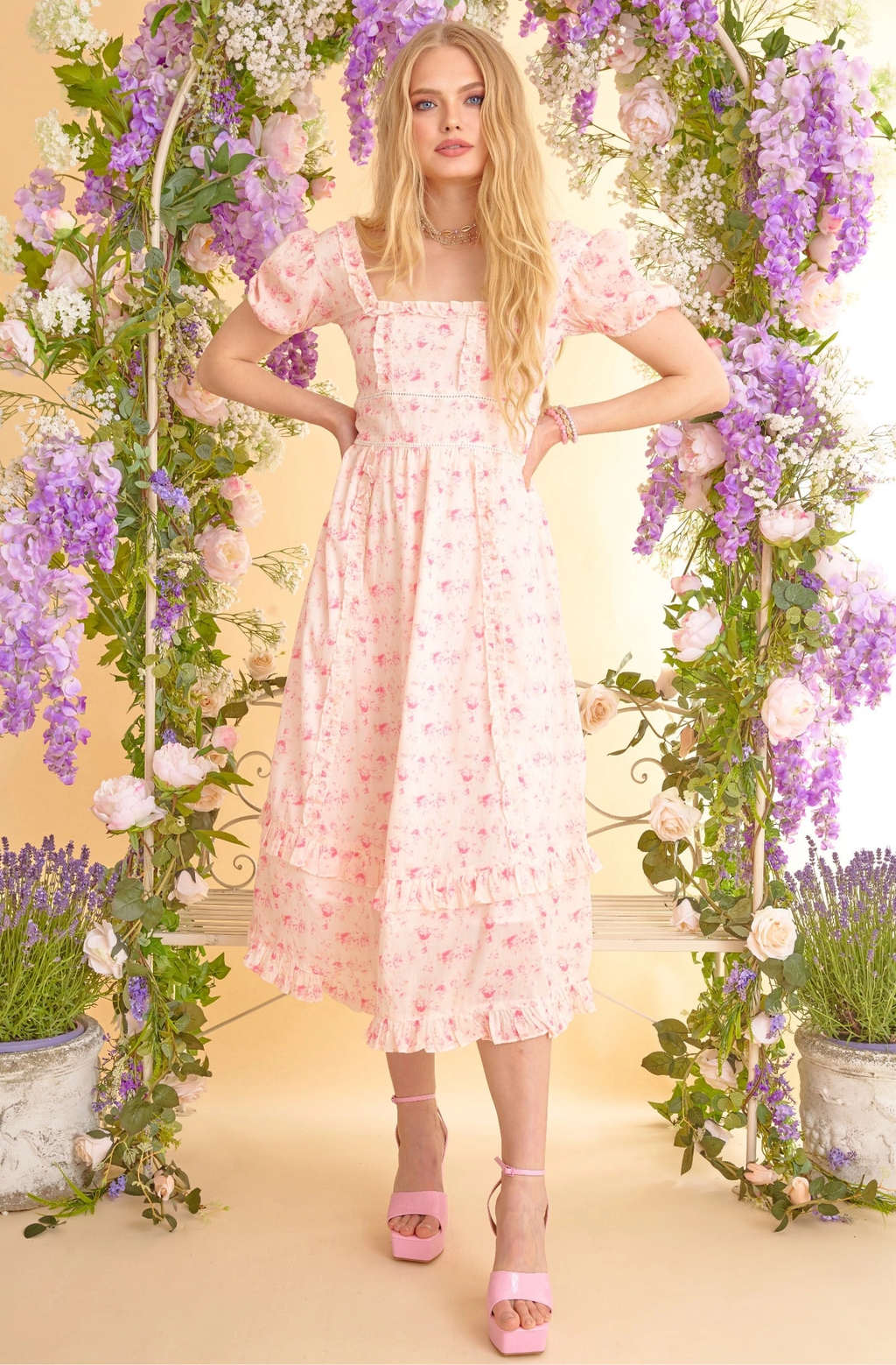 Amy Jane London Fairytale Heidi Floral Ruffle Detail Puff Sleeve Midi Dress - House Of Huntington