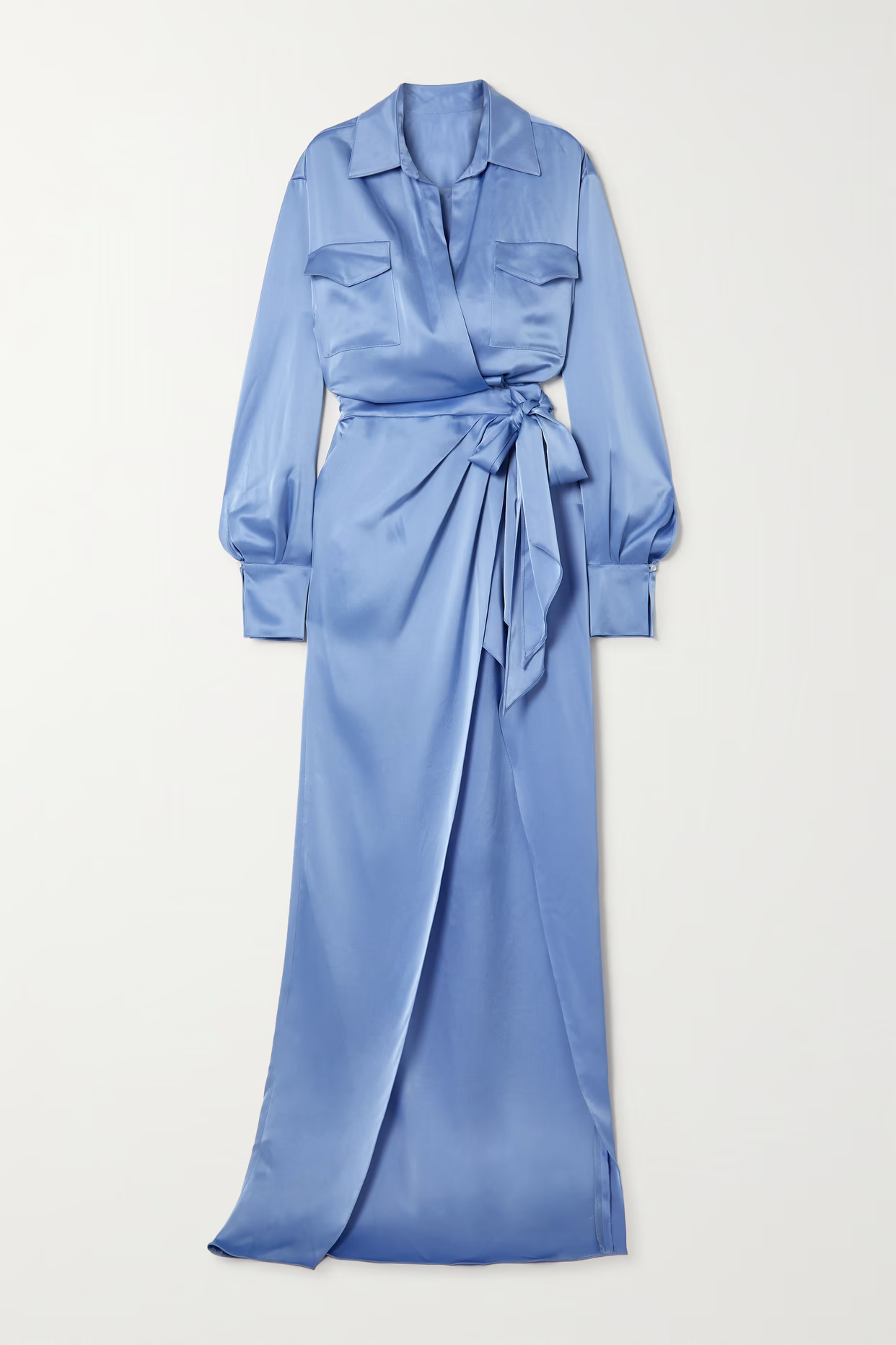 DAVID KOMA Blue Satin Wrap V-Neck Gown Dress - House Of Huntington