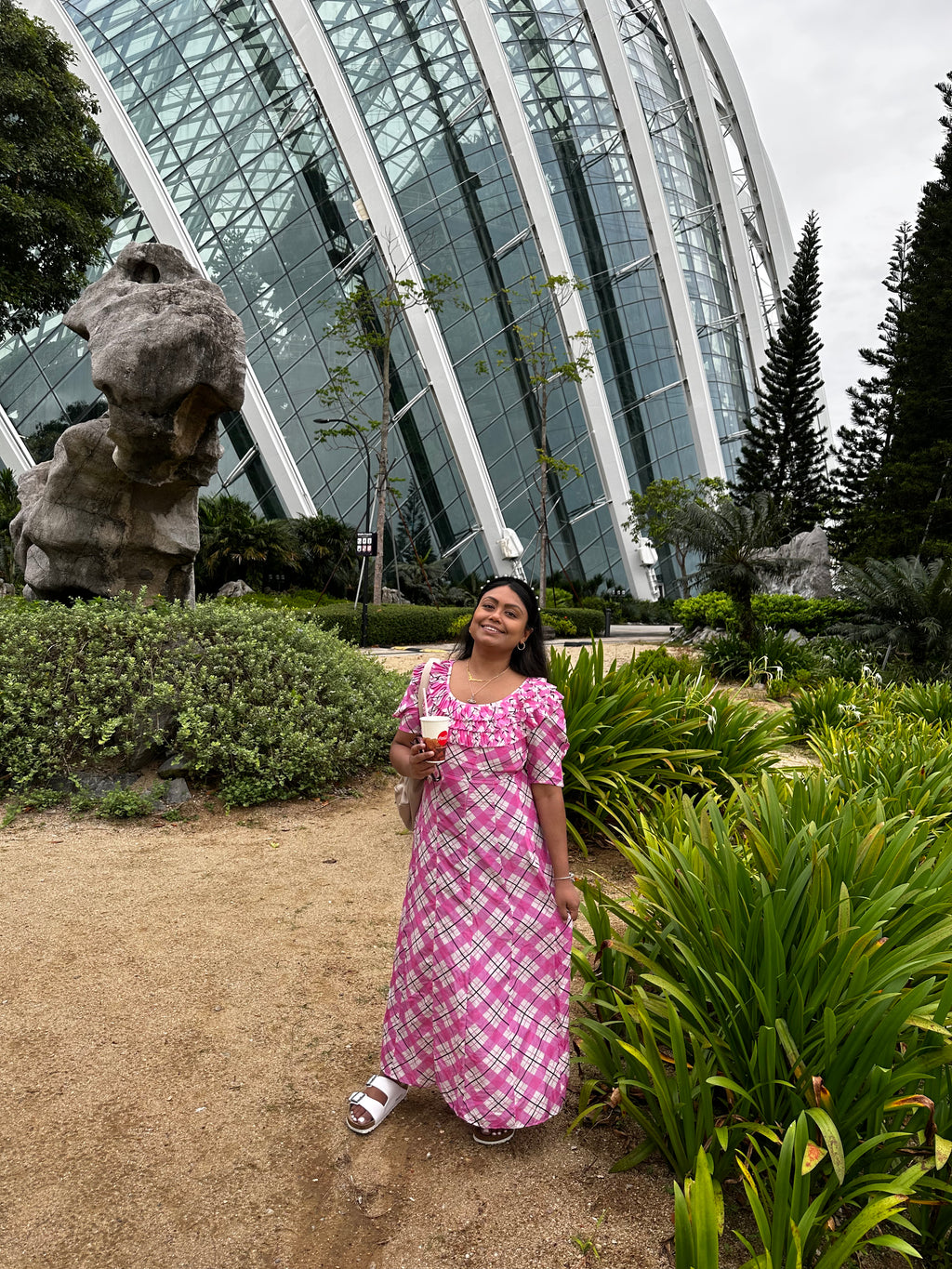 RIXO London Mariana Pink Check Print Ruffle Neck Silk Midi Dress - House Of Huntington