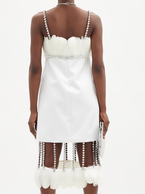 CHRISTOPHER KANE Bridal White Feather Detail Crystal Chain Fringe Hem Mini Dress - House Of Huntington