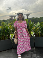 RIXO London Mariana Pink Check Print Ruffle Neck Silk Midi Dress - House Of Huntington