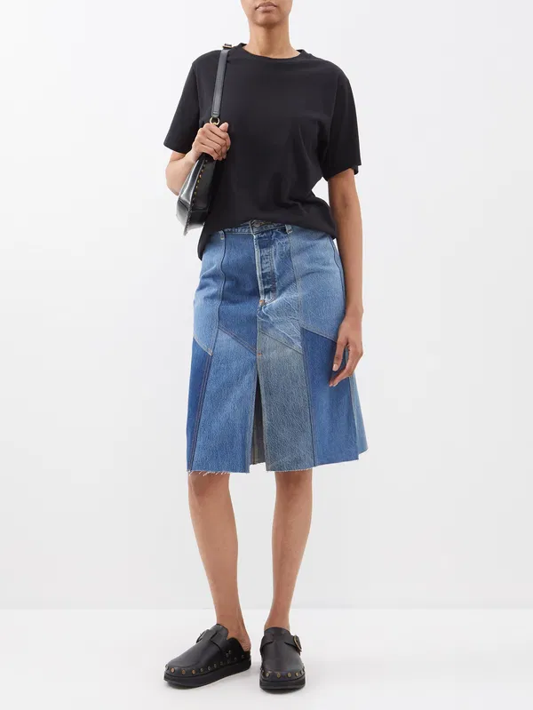 Re/Done Patchwork Denim Midi Skirt