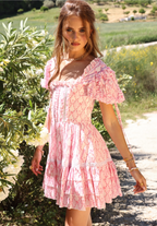 Amy Jane London Pink Beatrice Coquette Bow Print Square Neck Ruffle Puff Sleeve Mini Dress - House Of Huntington