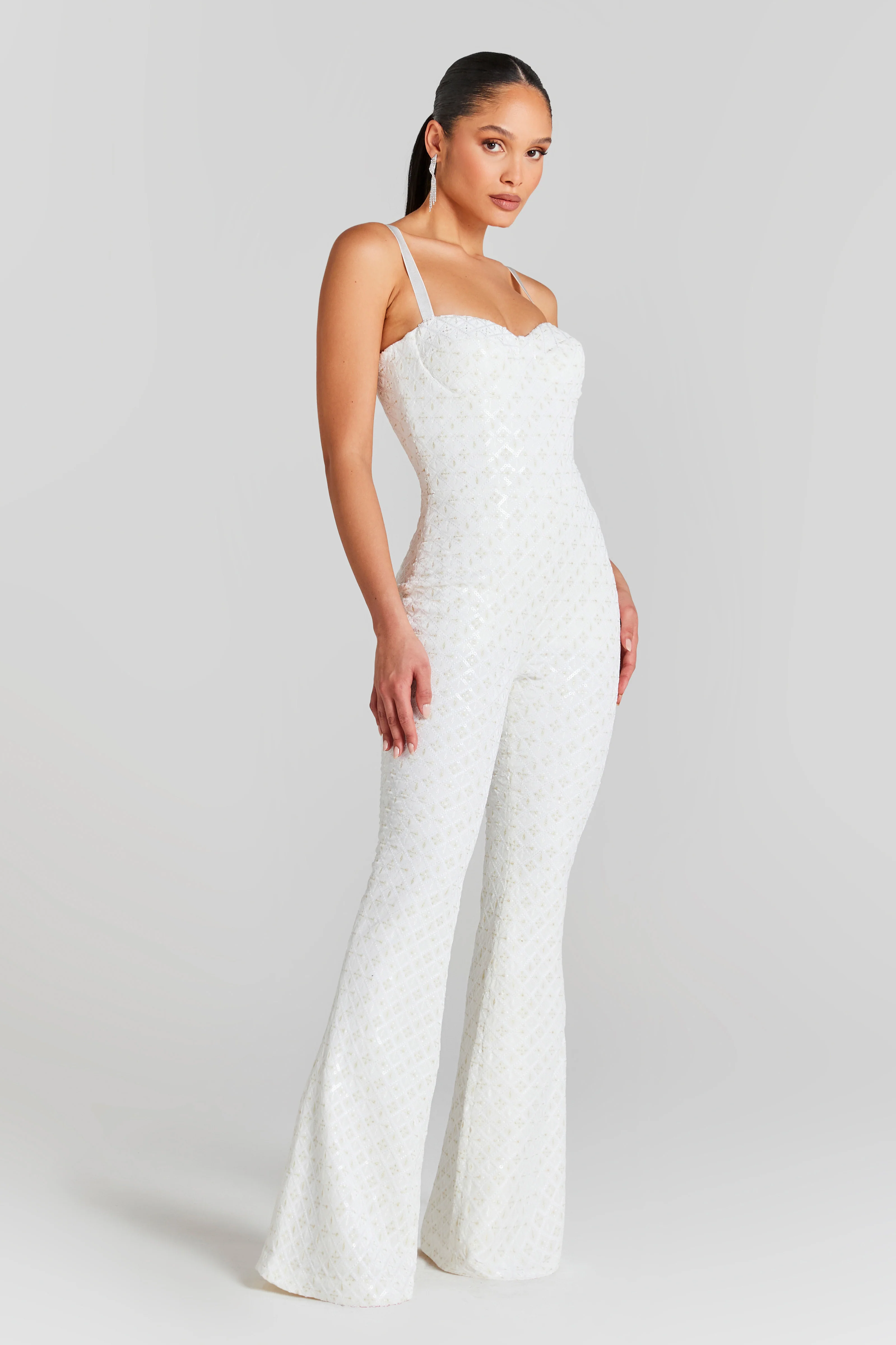 Nadine Merabi White Hailey Embroidered Sequin Flared Jumpsuit