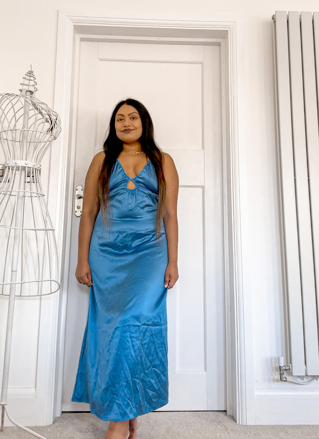 reformation blue silk dress Reformation Antoni Keyhole Silk-Satin Midi Dress in Grotto Blue – House Of Huntington