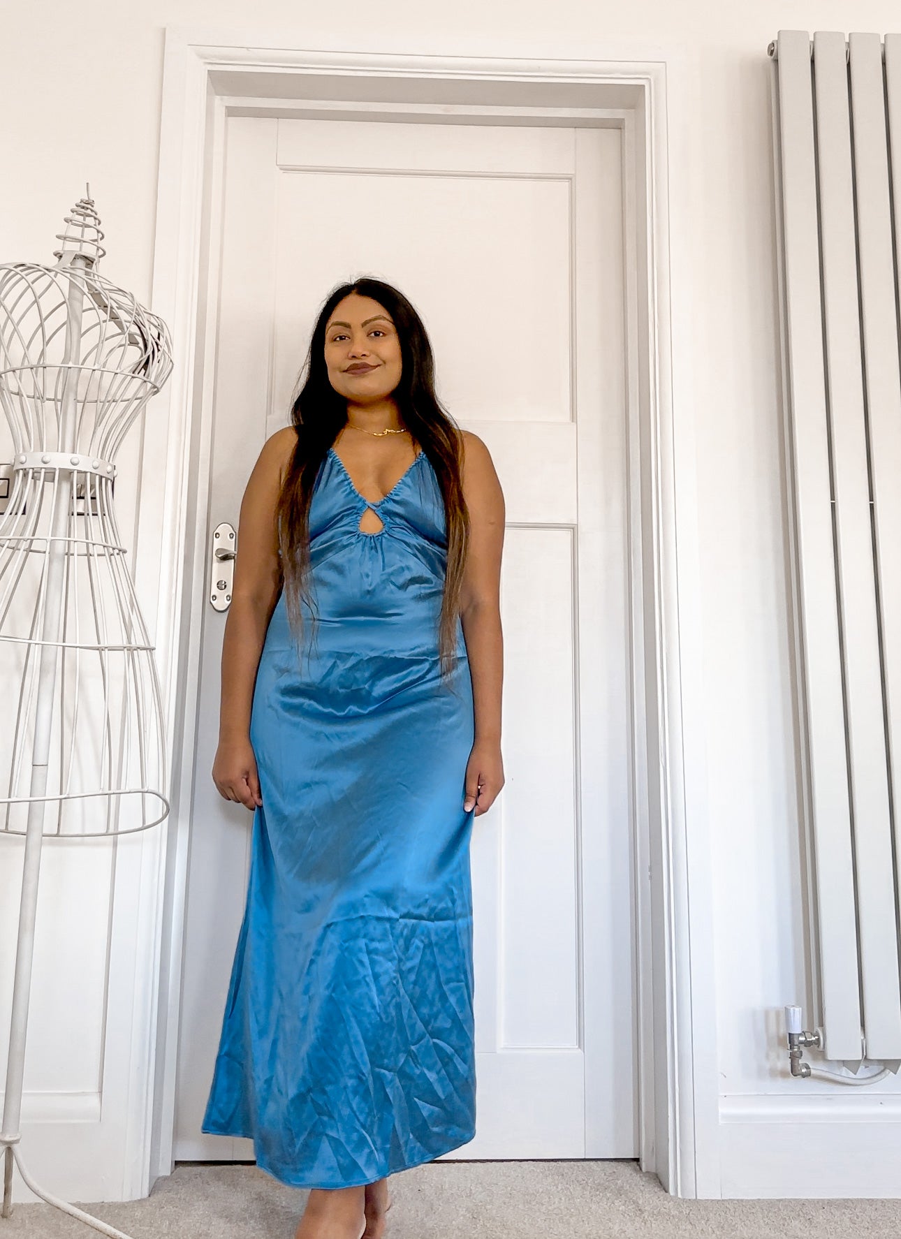 Reformation Antoni Keyhole Silk-Satin Midi Dress in Grotto Blue - House Of Huntington