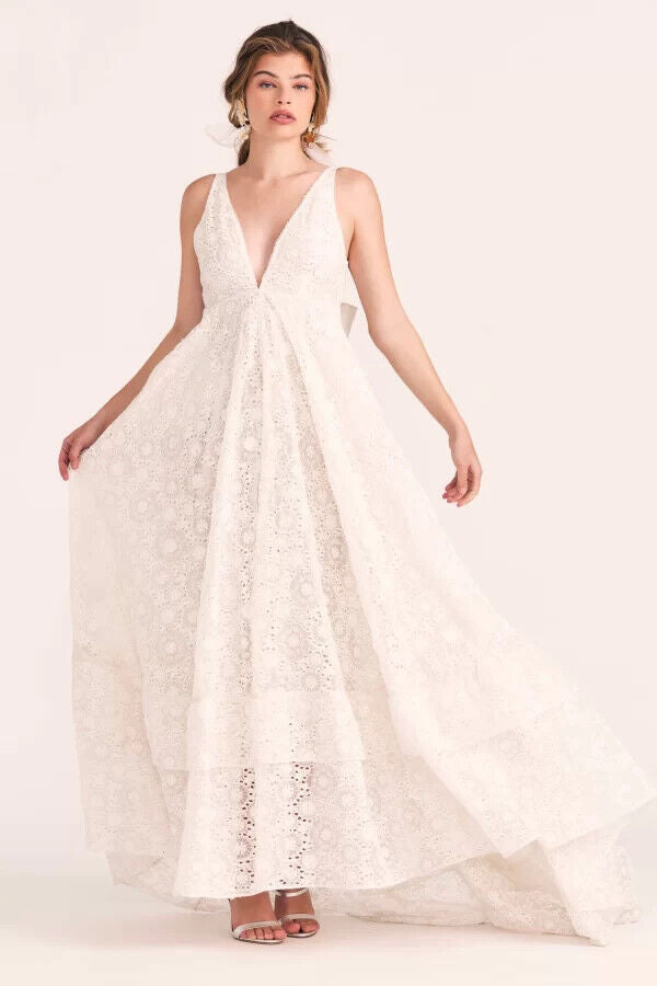 LoveShackFancy Bridal White Romantic Lace Bow Back Wedding Gown - House Of Huntington