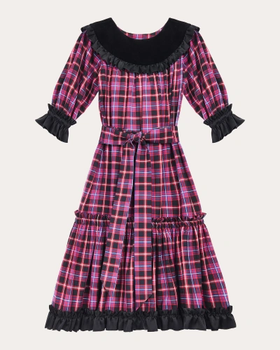 The Vampire's Wife The Migraine Red Black Tartan Plaid Check Print Velvet Collar Belted Dress - House Of Huntington