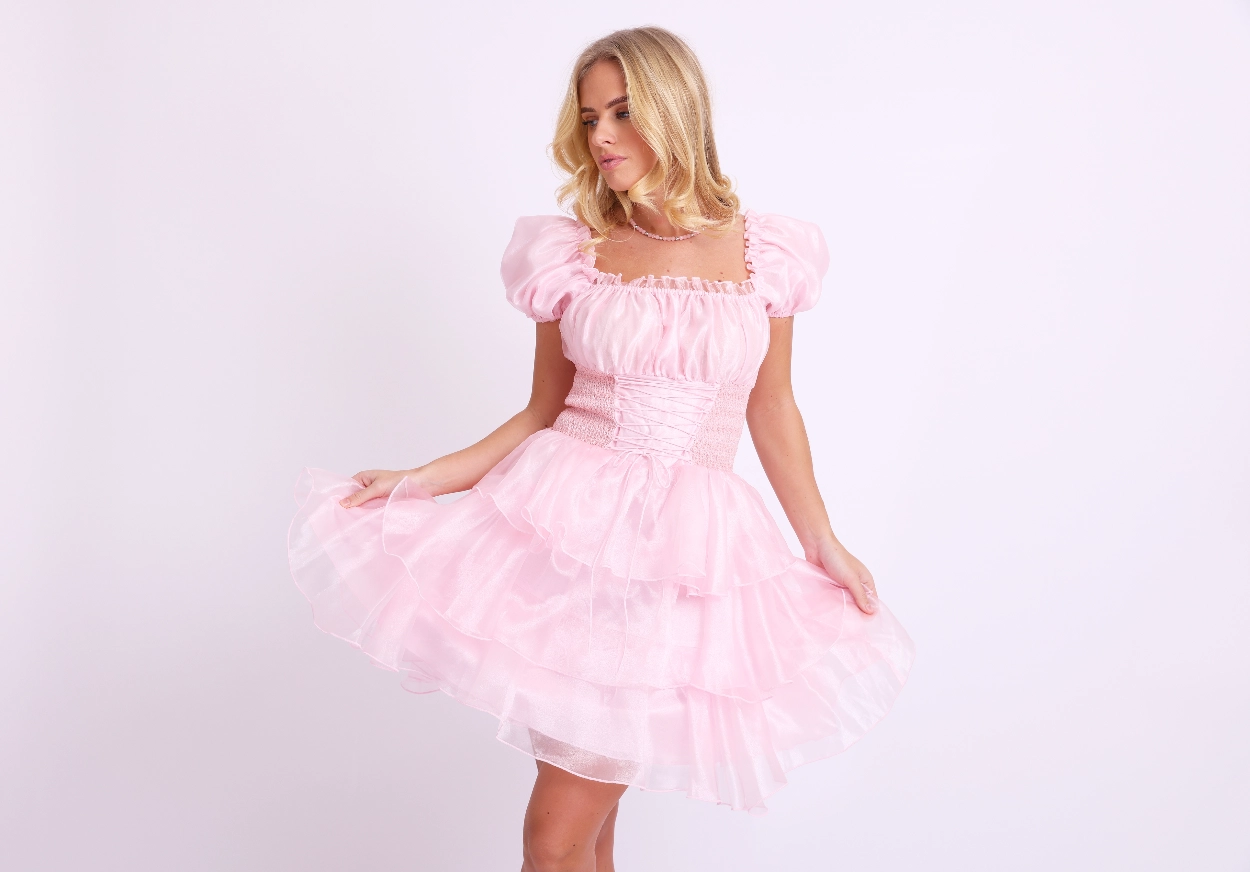 Amy Jane London Pink Arabella Organza Puff Sleeve Corset Bodice Fairytale Coquette Mini Dress - House Of Huntington
