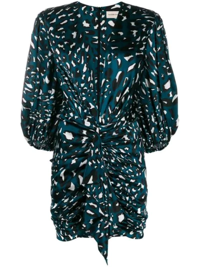Alexandre Vauthier – Blaues Minikleid aus Seidensatin mit Leo-Print und tiefem Ausschnitt und Rüschen