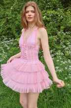 Amy Jane London Pink Iris Lace Coquette Corset Bodice Tiered Ruffle Tulle Hem Mini Dress - House Of Huntington