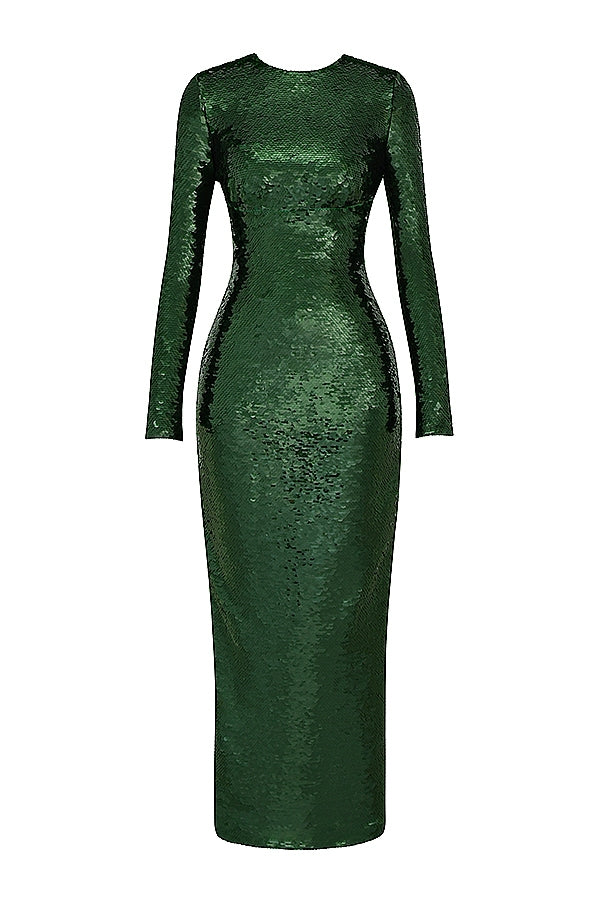 House Of CB Belle Sequinned Pine Green Open Back Maxi Dress