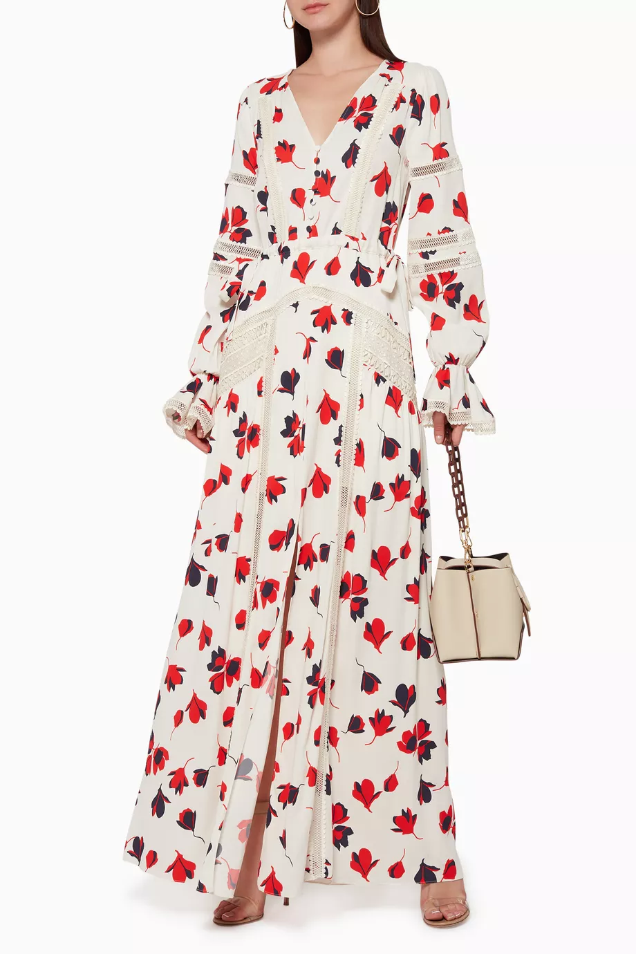 Self-Portrait Floral Print V-Neck Lace Trim Maxi Dress