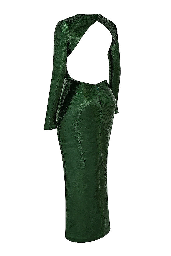 House Of CB Belle Sequinned Pine Green Open Back Maxi Dress