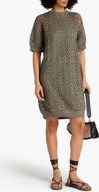 Brunello Cucinelli Green Crochet Open Knit Cotton Linen Silk Blend Dress