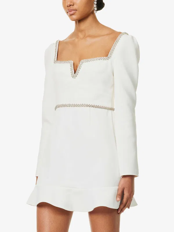 Self-Portrait White Bonded Crepe Long Sleeve Mini Dress