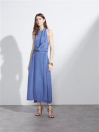 RAEY Blue Halterneck Draped-Front Wraparound Silk Dress - House Of Huntington