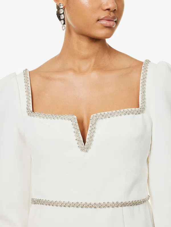 Self-Portrait White Bonded Crepe Long Sleeve Mini Dress