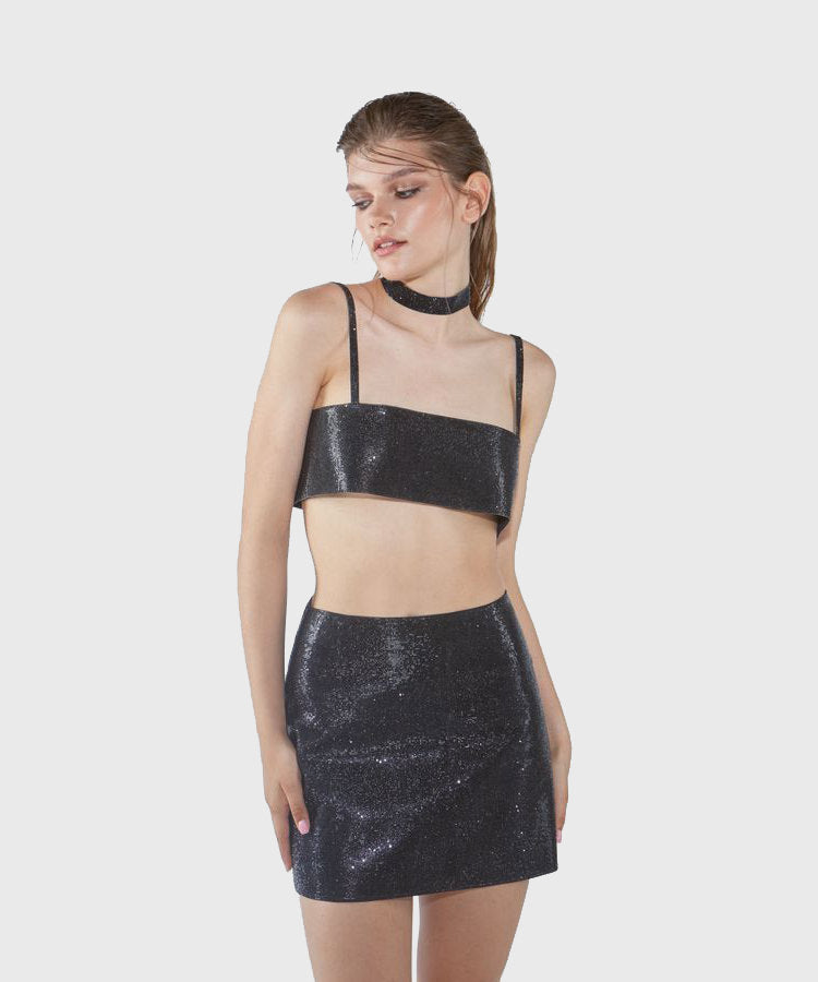 Nuè Studio Black Rhinestone Embellished Crop Top
