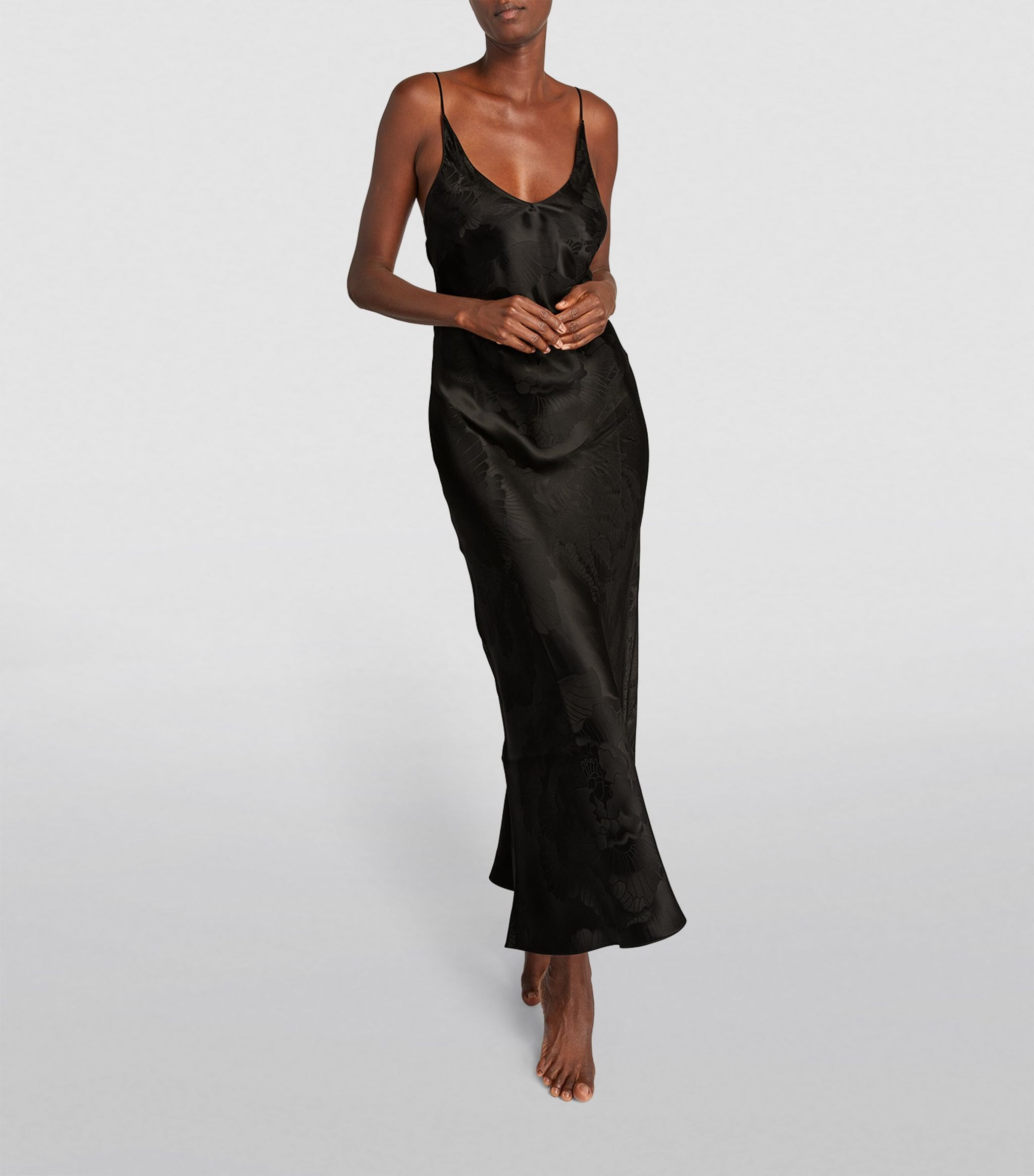 CARINE GILSON Silk Jacquard Print Midi Slip Black Dress - House Of Huntington