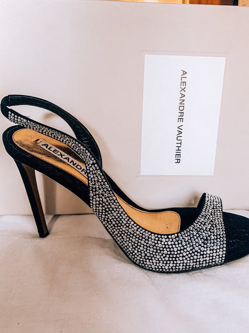 Alexandre Vauthier Black Crystal Studded Amber Sandal Slingback Open Toe High Heels - House Of Huntington