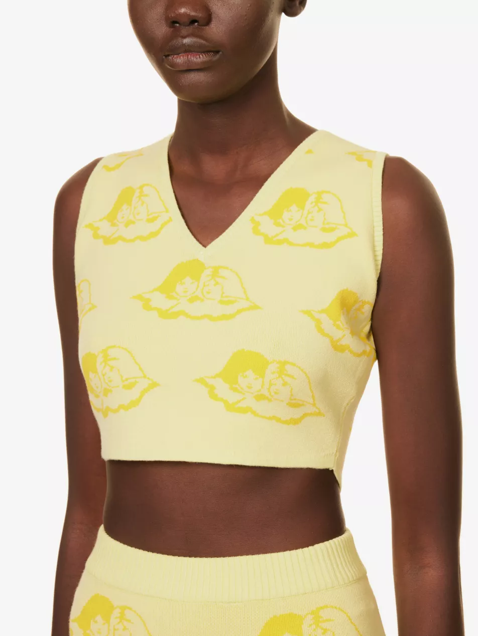 Fiorucci Yellow Angel Cherub Print Knit V-Neck Top