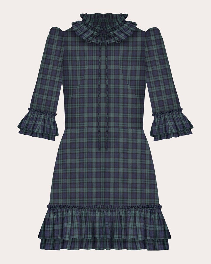 The Vampire's Wife The Trigger Green Navy Check Ruffle Detail Mini Dress - House Of Huntington