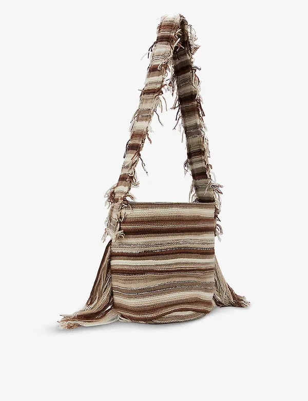 Chloe Jorge Striped Fringed Boho Cashmere Woven Bucket Tote Bag