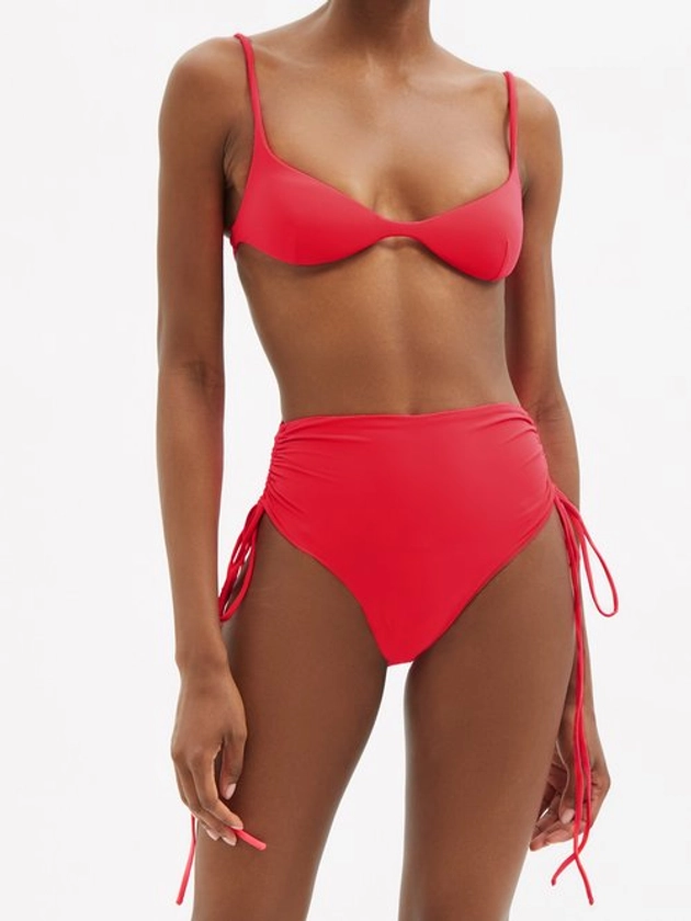 ISA BOULDER Pink Lester Gathered-Side High-Leg Bikini Bottoms - House Of Huntington