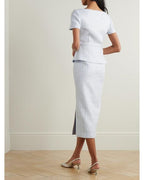 Self-Portrait Blue Boucle Tweed Folded Collar Diamante Button Detail Midi Dress