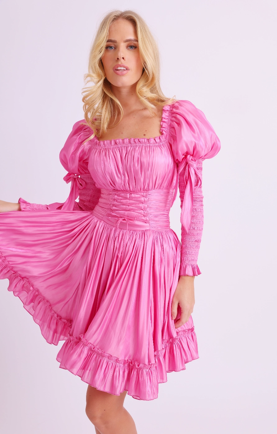 Amy Jane London Esmerelda Hot Pink Puff Sleeve Bow Detail Fitted Laced Bodice Prairie Mini Dress - House Of Huntington