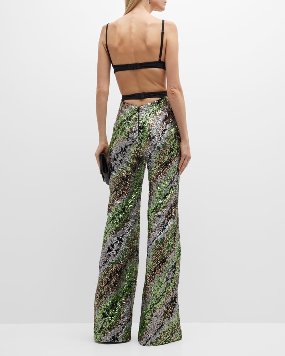Halpern Sequin Emerald Green Cut-Out Bra Backless Party Mod 70s Jumpsuit