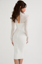 House Of CB Millarose White Mesh Corset Long Sleeve Collared Open Front Midi Dress