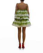 Halpern Shimmery Green Tiered Tulle Poofy Ruffle Strapless Mini Dress