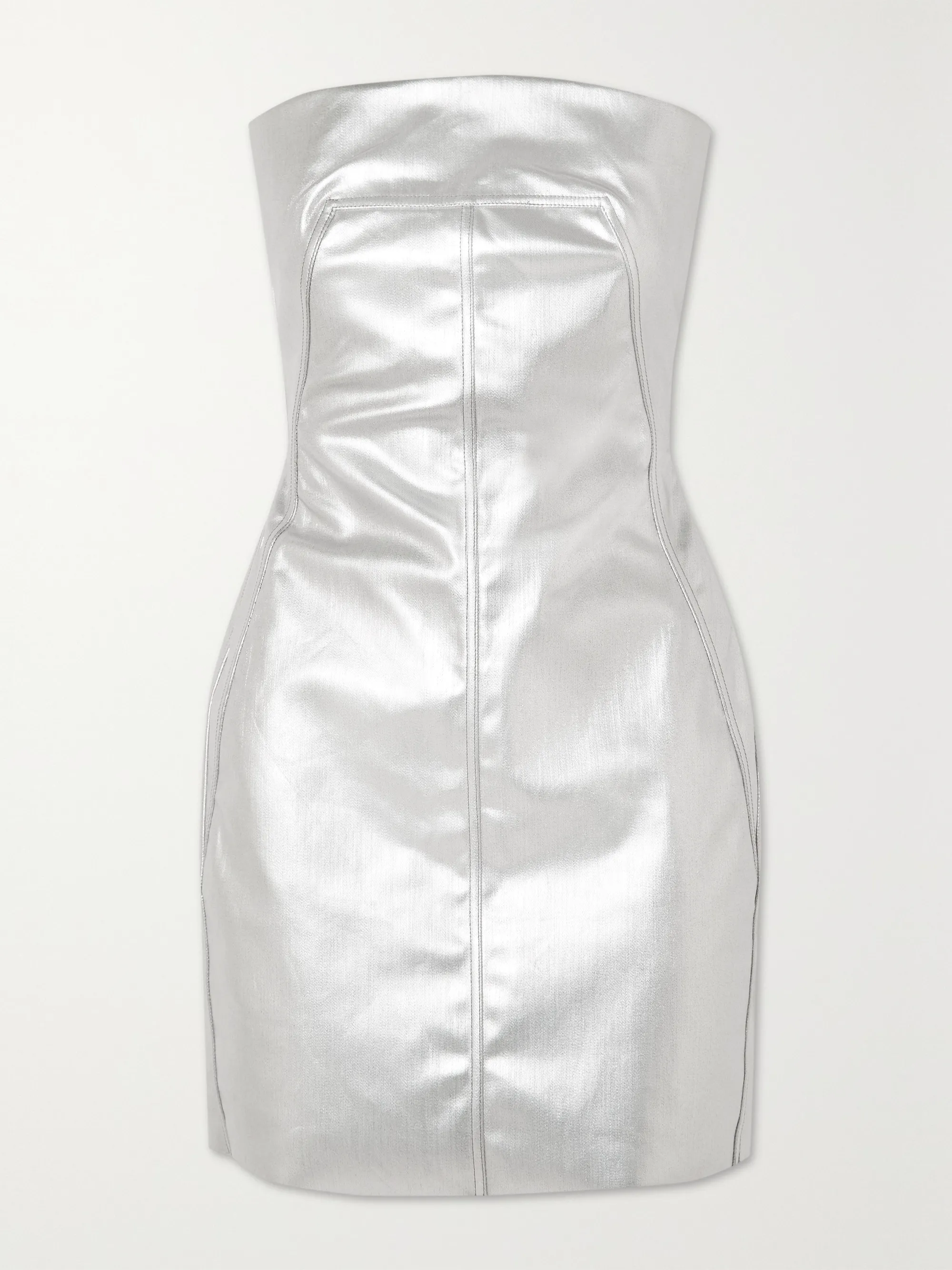 Rick Owens Metallic Coated Denim Bustier Strapless Party Mini Dress