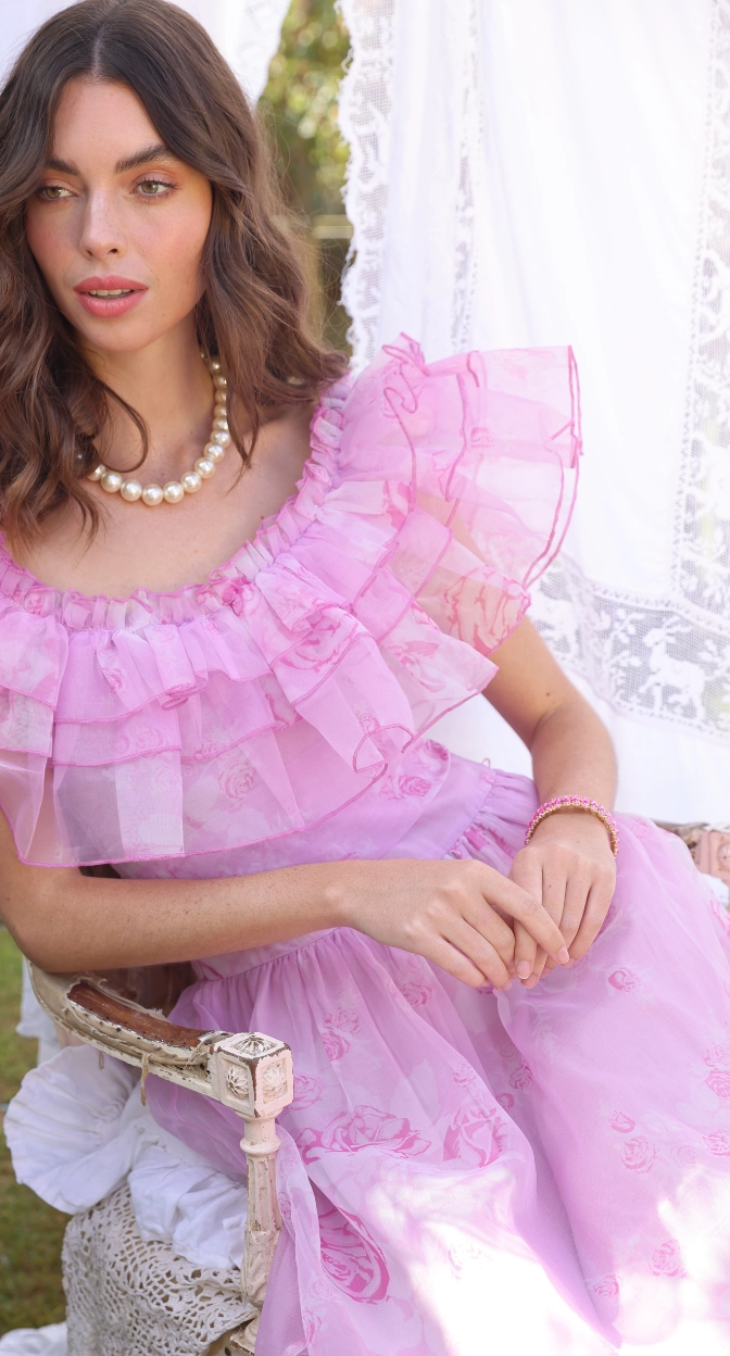 Amy Jane London Pink Aurora Fairytale Organza Floral Ruffle Neck Whimsy Gown - House Of Huntington