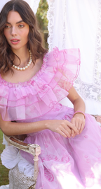 Amy Jane London Pink Aurora Fairytale Organza Floral Ruffle Neck Whimsy Gown - House Of Huntington